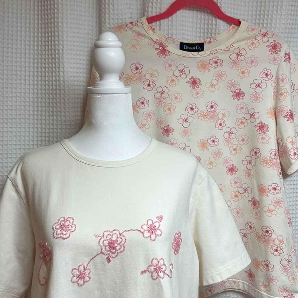 Vintage Denim&Co set of 2 Short Sleeve Tee shirts ~1X  White/Pink